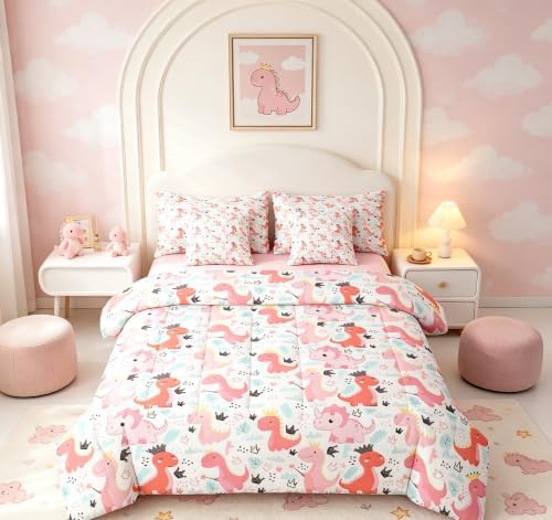 Feelyou Pink Dinosaur 7 Piece Bedding Set Cute Dinosaur Comforter Set with Sheets for Kids Boys Girls Crown Print Bed in a Bag Kawaii Animal Bed Set Soft Lightweight