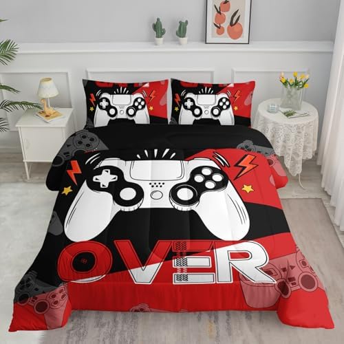 Axolotl Gamer Comforter Set Queen, 3Pcs Gaming Gamepad Bedding for Men, Games Console Bedding for Adults Room, Video Game Controller Room Decor Gaming Bed Set 1 Comforter with 2 Pillowcases, Black Red