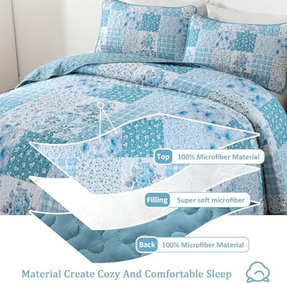 Mybedsoul Blue Patchwork King Size Quilt, Floral Reversible Bedding Set