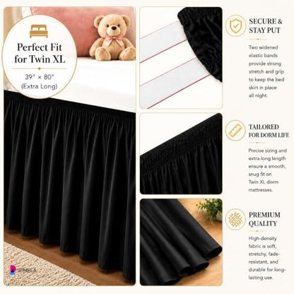 Dorm Room Bed Skirt Twin XL 22" Drop, College Split Corner Bedskirt, Black