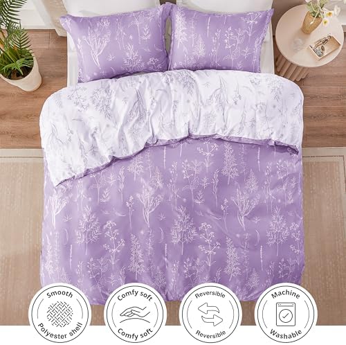 Love's cabin Lavender Comforter Set King - King Size Comforter Set, 3 Pieces Cute Floral Bedding Sets for All Seasons,1 Soft Reversible Botanical Flowers Comforter and 2 Pillow Shams