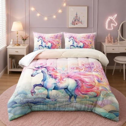 Nttopship Pink Fantasy Unicorn Comforter Set Queen Rainbow Scales Unicorn 3pcs Bedding Set for Girls Boys Kids Cartoon Down Alternative Soft Lightweight Comforter with 2 Pillowcases All Season