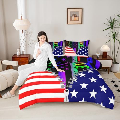 Erosebridal American Flag Comforter Set Rainbow Pride Down Comforter King Size for Teens Adult Women Bedroom,USA Federations Stars Stripes Bedding Set Kids Unique Zipper Design Duvet Sets, Colorful