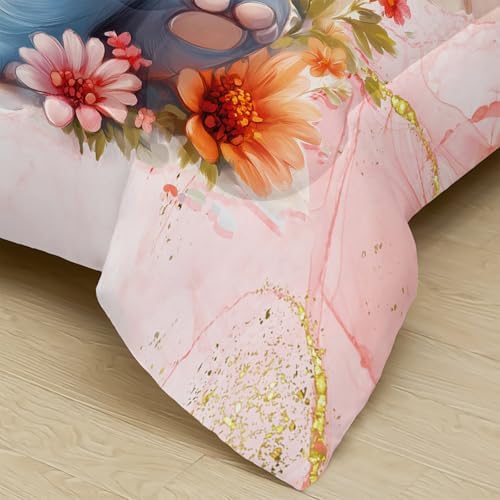 Cartoon Elephant Comforter Set Twin for Kids,Wild Animals Bedding Set,Flower Butterfly Print Elephant Quilt Set,Marble Comforter Set,Pink Gold Rainbow Bedding Set