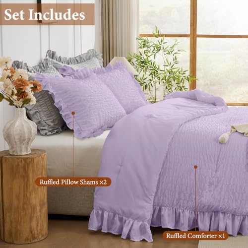 JOLLYVOGUE Lavender Queen Comforter Set, 3 Pieces Seersucker Comforters Queen Size, Lightweight & Fluffy Bedding Sets Queen for All Season with 1 Ruffle Comforter and 2 Ruffle Pillowshams