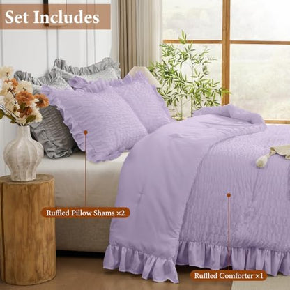 JOLLYVOGUE Lavender Queen Comforter Set, 3 Pieces Seersucker Comforters Queen Size, Lightweight & Fluffy Bedding Sets Queen for All Season with 1 Ruffle Comforter and 2 Ruffle Pillowshams