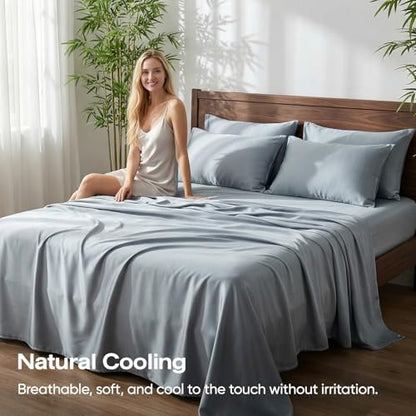 100% Real Bamboo Viscose & Lyocell Tencel Sheets Set King Size | Breathable & Cooling for Hot Sleeper | Luxury Silky Soft Fabric | 18" Deep Pocket with Corner Straps (French Blue, King)