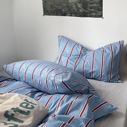 mixinni Vintage Striped Blue Duvet Cover Twin XL - 100% Cotton Red Stripes 3-Piece Bedding Duvet Cover Set with Zipper Closure, Soft & Breathable Retro Design for All Seasons (Twin XL Size)