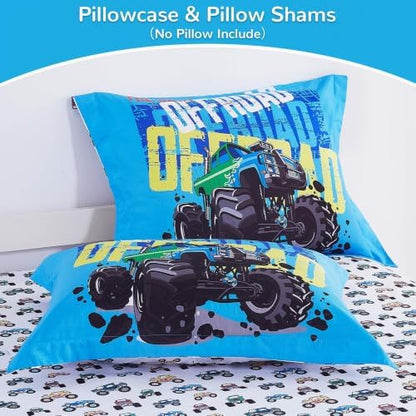 Viviland Monster Off - Road Truck 7 PCS Kids Bedding Set Full Size Comforter Sets, Bed in a Bag Cool Off - Road Adventure Theme Cover Set for Children
