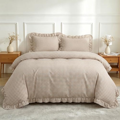 Nayoroom Brown Ruffle Gingham Comforter Set Queen Plaid Checkered Bedding