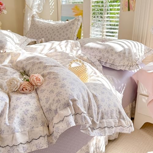 Vintage Flower Duvet Cover Set Twin XL, 3 Piece Coquette Duvet Cover with Ruffle Lace, 100% Cotton Violet Flower Botanical Bedding Set, Aesthetic Floral Cottagecore Comforter Cover for All Season
