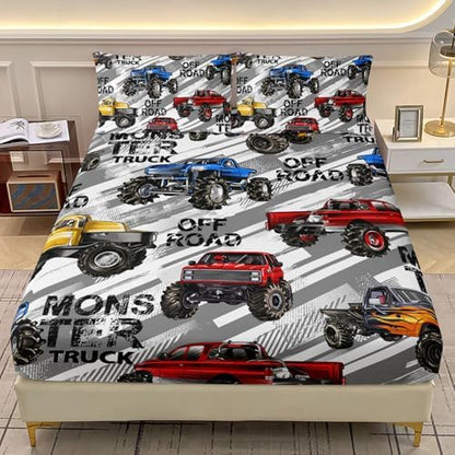 AILONEN Kids Boys Monster Truck Bedding Twin XL Size,Cartoon Truck Fitted Sheet Set Decor,Car Colorful Soft Vehicle Truck Kids Fitted Sheet with 2 Pillowcases,3 Pieces