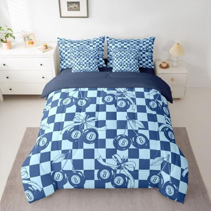 Erosebridal Navy Blue Boys Full Bedding Set 7 Piece Fashion Y2K Lucky 8 Ball Comforter Set for Kids Teen Adults,Cute Cherry Bow Bed in A Bag with Sheets Preppy Aesthetic Geometric Plaid Bed Set
