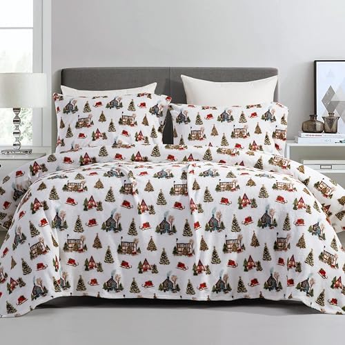Elegant Comfort Luxuriously Soft 4-Piece Holiday Velvet Plush Flannel Sheet Set - Premium Quality - Cozy Warm, Christmas Fuzzy Velvet Flannel Fleece Deep Pocket Sheet Set - King, Bungalow