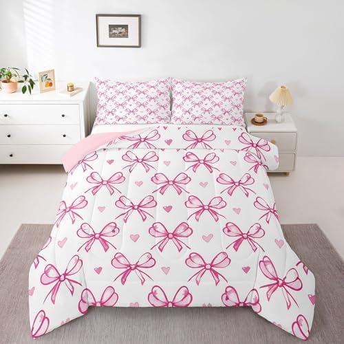 Pink Bow Girlish Kids Comforter Set Queen Size,Bowknot Love Heart Hand Paint Cute Bedding Set,Girls Women Room Decor,Princess Style Bow Tie Down Comforter,Girly Romantic Duvet Insert,2 Pillowcases