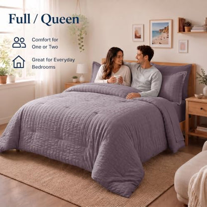CozyLux Queen Comforter Set, 7 Pieces Dusty Purple Seersucker Bed in a Bag