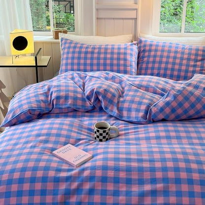FACE TWO FACE Bedding Duvet Cover Set100% Washed Cotton Duvet Cover Linen Like Textured Breathable Durable Soft Comfy (Full, Blue Purple Grid)