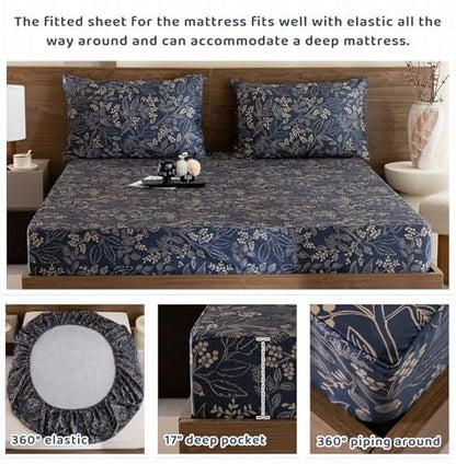 QSH Floral Egyptian Cotton Sheets King Size - Navy Floral Bedding Sheets Botanical Pattern Printed Bedding King Size Bed Sheets 17.5" Extra Deep Pocket 4pcs