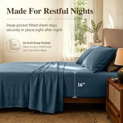 MEISHANG 100% French Linen Sheets King,4 Pcs,16" Deep Pocket