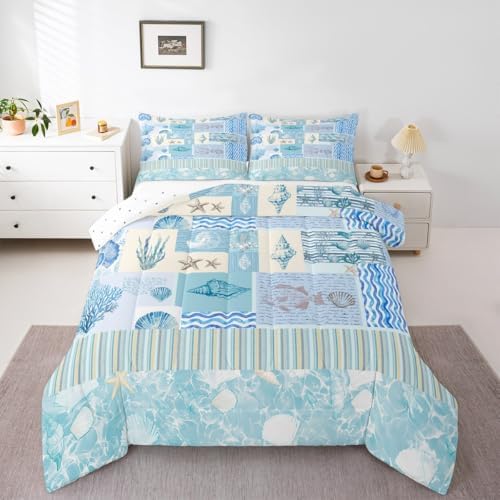Ocean Shell Conch Comforter Set King Size,Geometric Stripes Plaid Quilt Set Vintage Sketch Coral Fish Bedding Set 3Pcs for Kids Girls Boys Adult Room Decor,Sea Blue Duvet Insert,2 Pillowcases