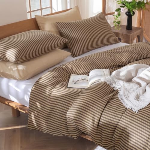 Bedbay Brown Striped Duvet Cover Set, 100% Cotton 300TC Sateen King Size Duvet Cover, Mocha Brown Fine Stripe Bedding, Soft Smooth Breathable Warm Neutral Set, 3 Pieces