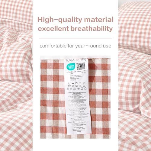 SAPHREAS Gingham Duvet Cover Set Full Size, 100% Washed Cotton Linen Like Plaid Comforter Cover with Zipper Closure & Corner Ties (No Comforter), 80x90 Brick Red