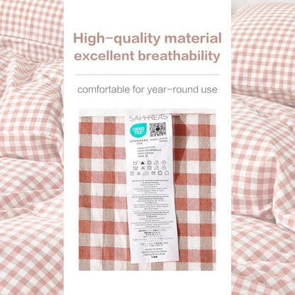 SAPHREAS Gingham Duvet Cover Set King Size, 100% Washed Cotton Linen Like Plaid Comforter Cover with Zipper Closure & Corner Ties (No Comforter), 104x90 Brick Red