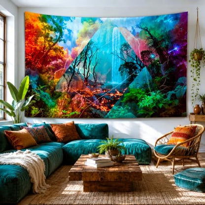 Delur Forest Tapestry Waterfall Mountain Rainforest Sunset Nature Tree Tapestry Wall Hanging Scenic Tropical Landscape Natural Sunrise Headboard for Bedroom Living Room Home Decor (51.2" x 59.1")