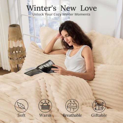 Sasttie Fluffy Twin/Twin XL Comforter Set, 2 PC Soft Fleece Bedding, Beige