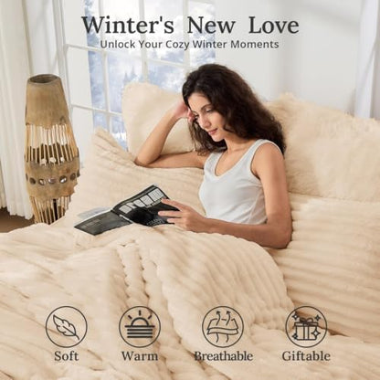 Sasttie Fluffy Twin/Twin XL Comforter Set, 2 PC Soft Fleece Bedding, Beige