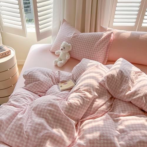 LifeTB Pink Gingham Comforter Set King Vintage Plaid Checkered Pattern Comforter with 2 Pillowcases Lightweight Farmhouse Gingham Bedding Set Breathable Pink Grid Plaid Bedding Comforter Set