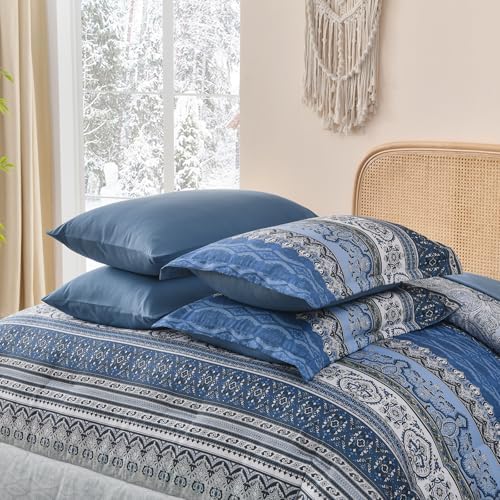 Cottolester Boho Queen Comforter Set,Blue and Grey Striped Bed in a Bag