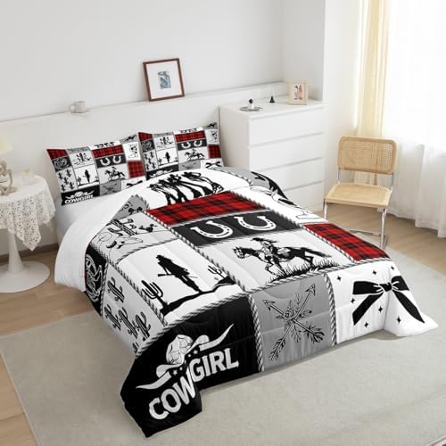 Western Cowgirl Kid Comforter Set King Size,Cactus Horseshoe Cow Skull Geometric Patchwork Bedding Set,Girls Women Room Decor,Bowknot Arrow Boho Down Comforter,Red Xmas Duvet Insert,2 Pillowcases