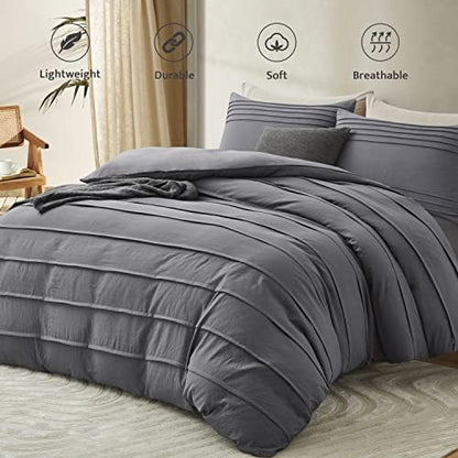 Oli Anderson 3PCS Pleated Duvet Cover Set, Grey, Queen
