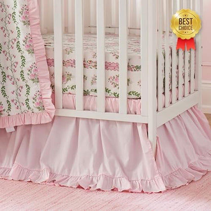 Brandream French Country Crib Bedding Set for Girls Pink Floral Stripes Vines Grandmillennial Cottagecore Print 100% Cotton Baby Girl Nursery Bedding - Ruffles Quilt,Crib Sheet,Crib Bed Skirt,3 Pieces