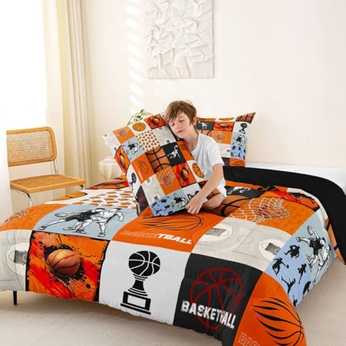 Erosebridal Basketball Comforter Set for Kids Boys Girls Sports Patchwork Bedding 3D Printed Basketball Duvet Set Ball Games Comforter Full with 2 Pillowcases