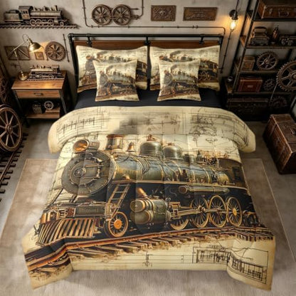 Erosebridal 7 Pieces Vintage Steam Train Bed in A Bag Twin Retro Train Comforter Set with Sheets Transportation Vehicle Bedding Set for Kids Boys Teens Men Steampunk Industrial Aesthetic Bed Sets