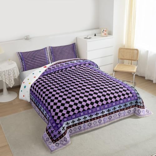 jejeloiu Check Checkered Comforter Set King Size Plaid Damask Floral Bedding Set for Kids Boys Girls Geometric Checkerboard Duvet Quilt Grid Bedroom Decor Microfiber 3 Pcs with 2 Pillow Cases