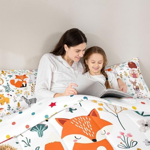 Erosebridal Kids Fox Comforter Set Twin,Cute Woodland Bear Deer Down Comforter for Boys Girls Bedroom,Cartoon Owl Lovely Animal Wildlife Bedding Sets Flower Leaves Quilt Duvet Set 2 Pcs Colorful