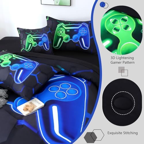 Gamer Queen Comforter Set with Sheets 6 Pieces Game Console Gaming Boys Bedding Set Soft All Season 3D Gamepad Bed in A Bag for Kids Teens (Green Blue, Queen)