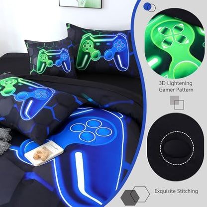 Gamer Queen Comforter Set with Sheets 6 Pieces Game Console Gaming Boys Bedding Set Soft All Season 3D Gamepad Bed in A Bag for Kids Teens (Green Blue, Queen)