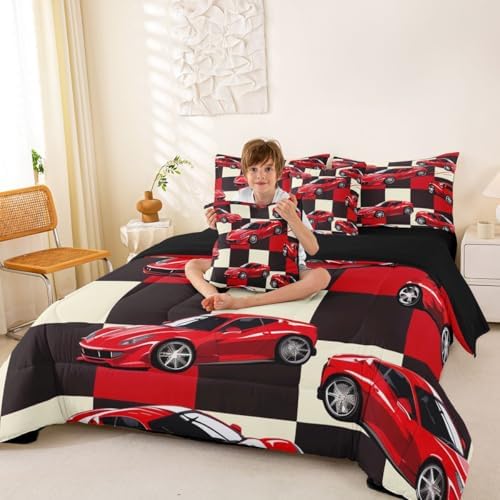 Erosebridal Red Racing Car King Bed in A Bag for Boys, Cool Speed Race Car Comforter Set with Sheets for Kids Youth Men Teens, Extreme Sport 7 Pcs Bedding Set, Grid Buffalo Bed Sets