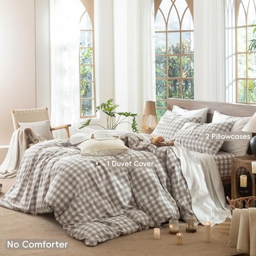 MooMee Gingham Duvet Cover Set 100% Washed Cotton Linen Like
