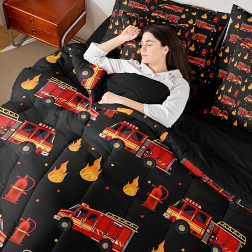 Erosebridal Fire Truck Comforter Set with Sheets Full for Boys, Cartoon Red Firemen Car Bed in A Bag for Firefighter Room Decor, Fire Engine 7 Pcs Bedding Set, Black and Red Bed Sets