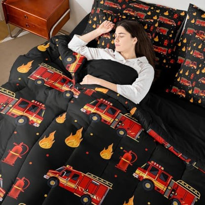 Erosebridal Fire Truck Comforter Set with Sheets Full for Boys, Cartoon Red Firemen Car Bed in A Bag for Firefighter Room Decor, Fire Engine 7 Pcs Bedding Set, Black and Red Bed Sets