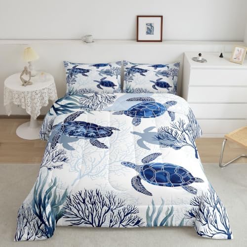 Turtle Comforter Set Full,White Blue Hawaiian Turtle Bedding for Kids,Reptile Tortoise Quilt Duvet Set Coastal Beach Theme Comforter Retro Sea Turtle Bed Set for Boys Girls Bedroom Decor(Marine life)