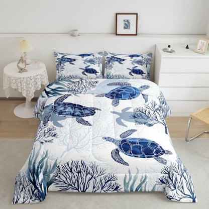 Erosebridal Turtle Comforter Set Queen White Blue Sea Turtle Bedding Set for Kids,Reptile Coastal Tortoise Quilt Hawaiian Beach Theme Comforter for Boys Girls Room