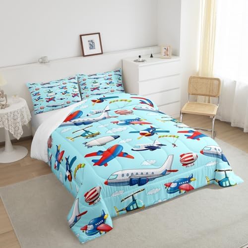 Feelyou Kids Aircraft Comforter Set Boys Cartoon Airplane Print Comforter Helicopter Flying Plane Bedding Set for Girls Travel Decor Duvet Set Cute Colorful Planes Room Decor King Size Quilt Boys