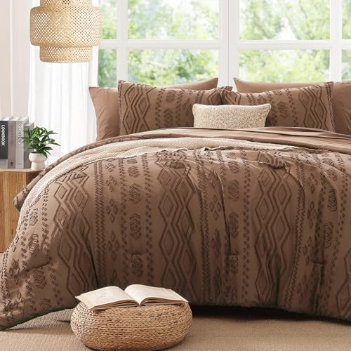 King Size Comforter Set Brown Tufted Boho Bedding Sets Farmhouse 7 Pieces