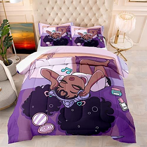 Black Girls Magic Comforter Sets, African American Soft Fluffy Comforter Duvet, Love Music Purple Girl Designs Full Size Afro Pretty Girls Comforter Set for Teens Kids Princess Cute Room Decor